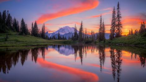 A swath of color punctuates the reflection of the glacier-capped volcanic mountain