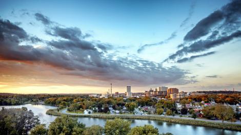 The Rochester skyline at sunrise