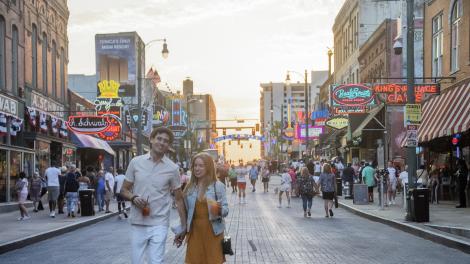 Evening stroll down the Beale Street Entertainment District in Memphis, Tennessee