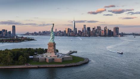 Aerial view of the Statue of Liberty National Monument in New York Harbor