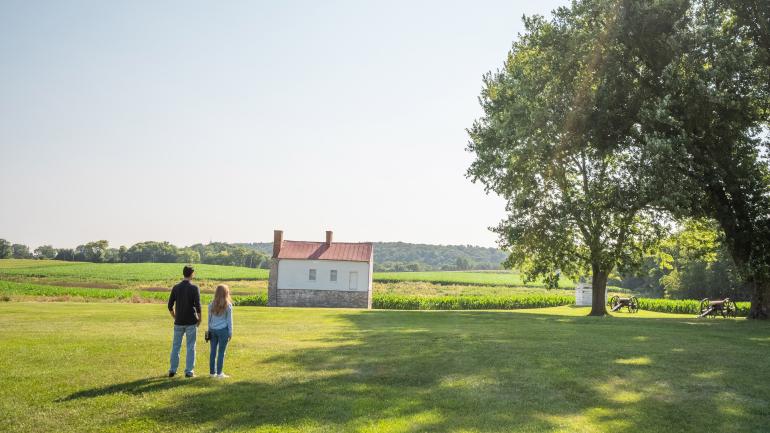 Couple viewing historic sites at Monocacy National Battlefield in Frederick, Maryland