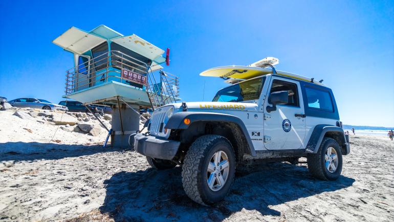 Lifeguard stand and Jeep on the beach in San Diego, California