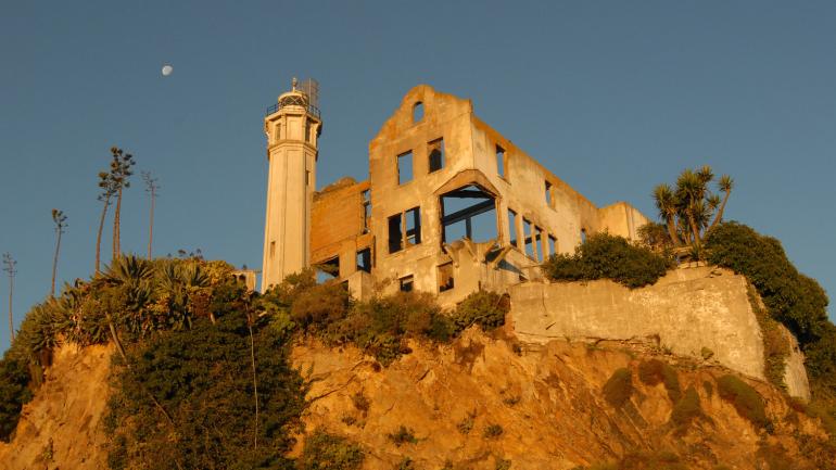 Sunrise view of the historic Warden's house on Alcatraz Island 