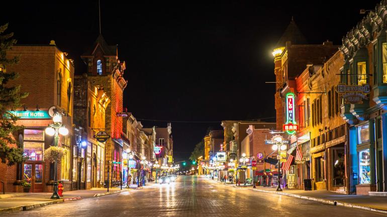 Night view of Main Street in the historic city of Deadwood in the Black Hills of South Dakota