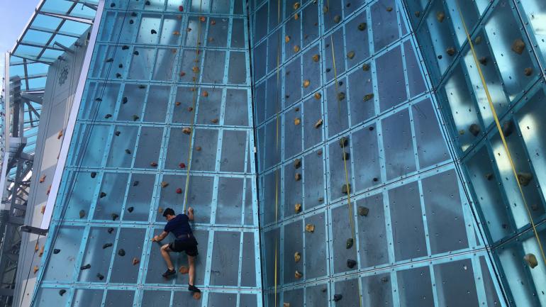 Exterior steel and glass climbing wall at High Point Climbing Center