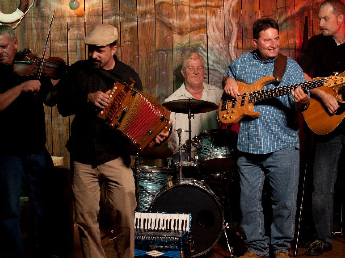 A band plays during the Cajun French Music & Food Festival in Lake Charles, Louisiana