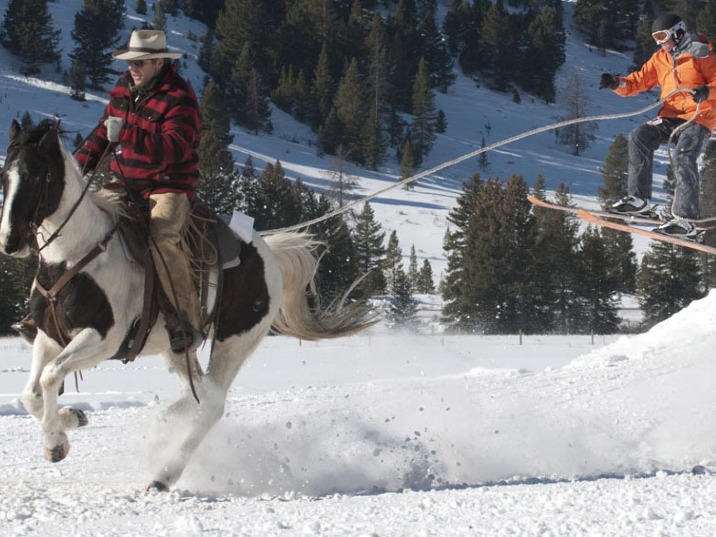 The unusual winter sport of skijoring, where a skier is pulled by a horse, dog or motor vehicle, in Big Sky, Montana