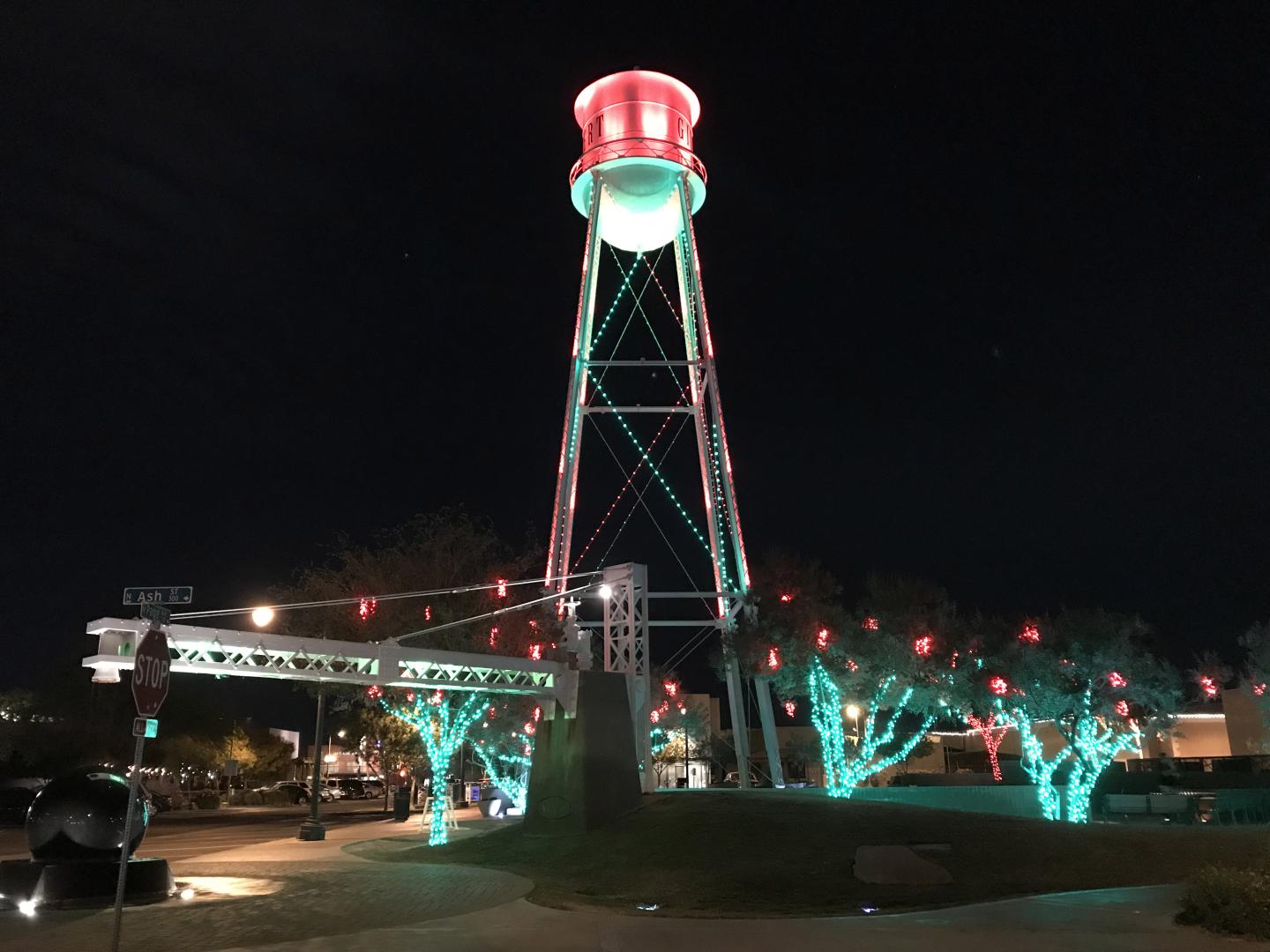 The Gilbert Water Tower illuminated for the holiday season