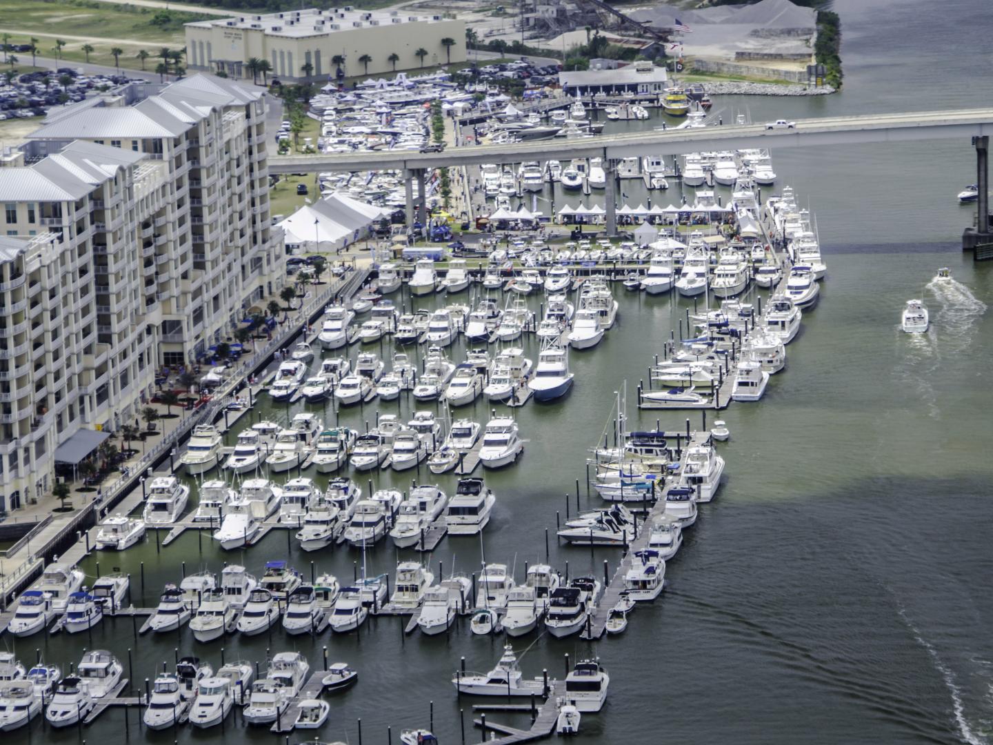 Aerial view of the Wharf Boat and Yacht Show in Orange Beach, Alabama