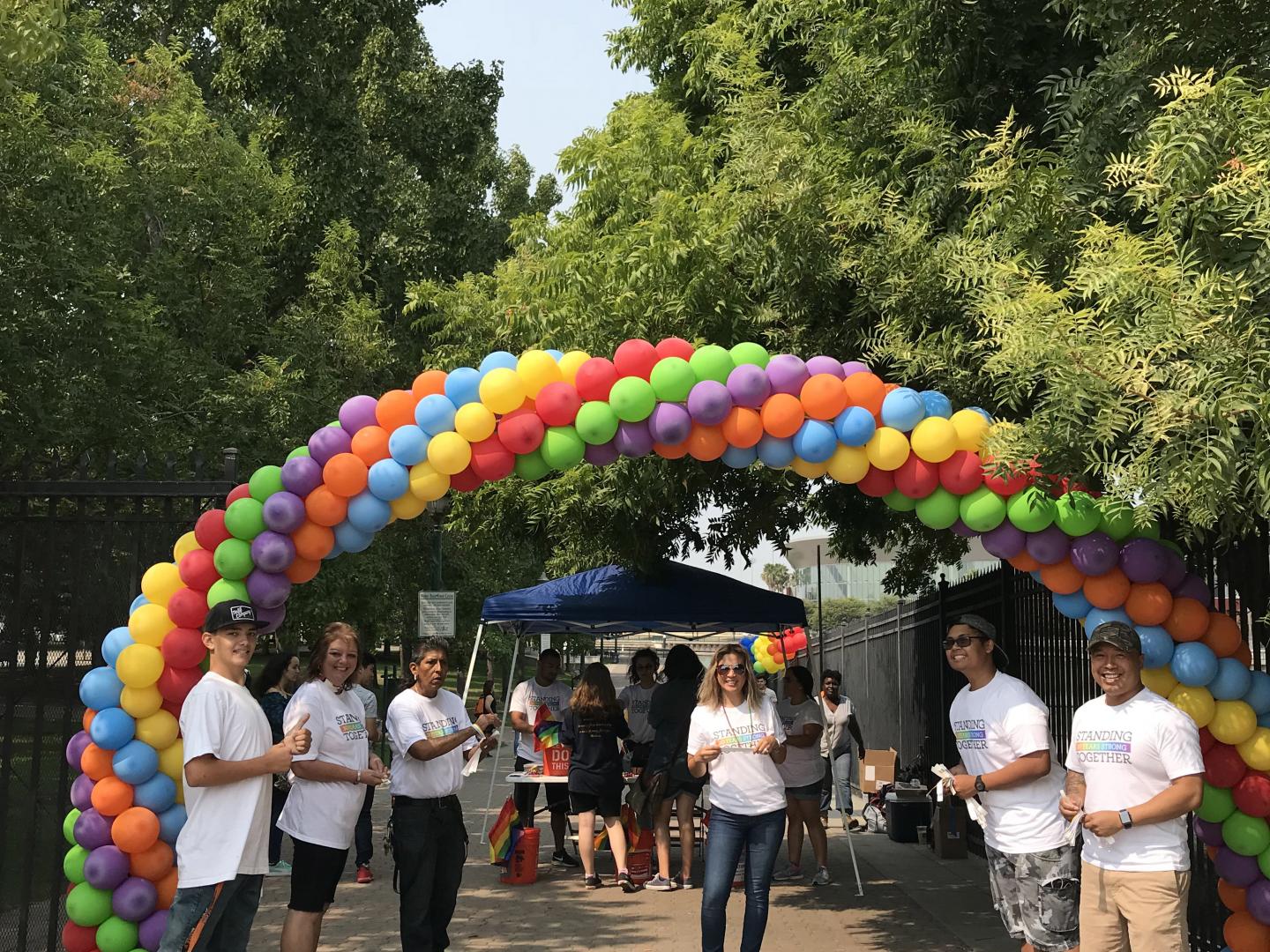 A rainbow-colored balloon archway at the Stockton Pride Festival in California