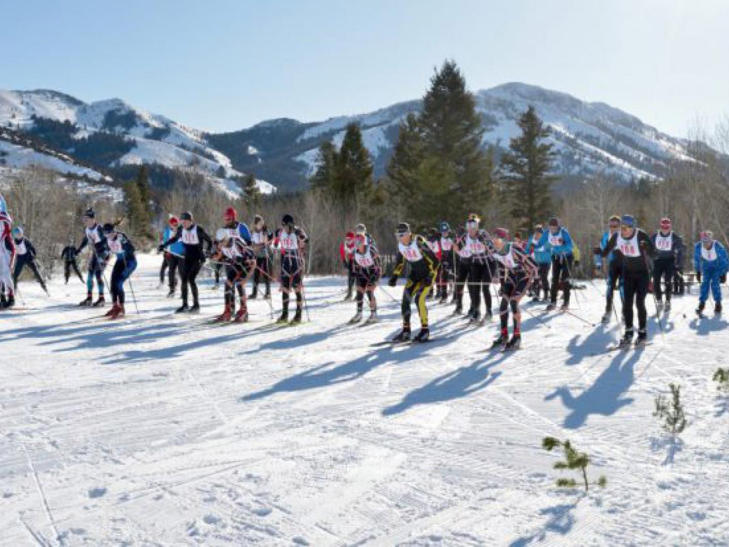 Skiers racing in the Potato Cup cross-country ski race in Pocatello, Idaho