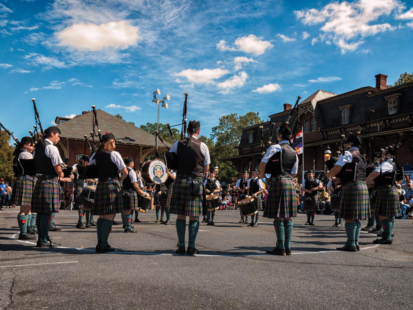 Bagpipers playing in the Celtic Classic parade in downtown Bethlehem, Pennsylvania