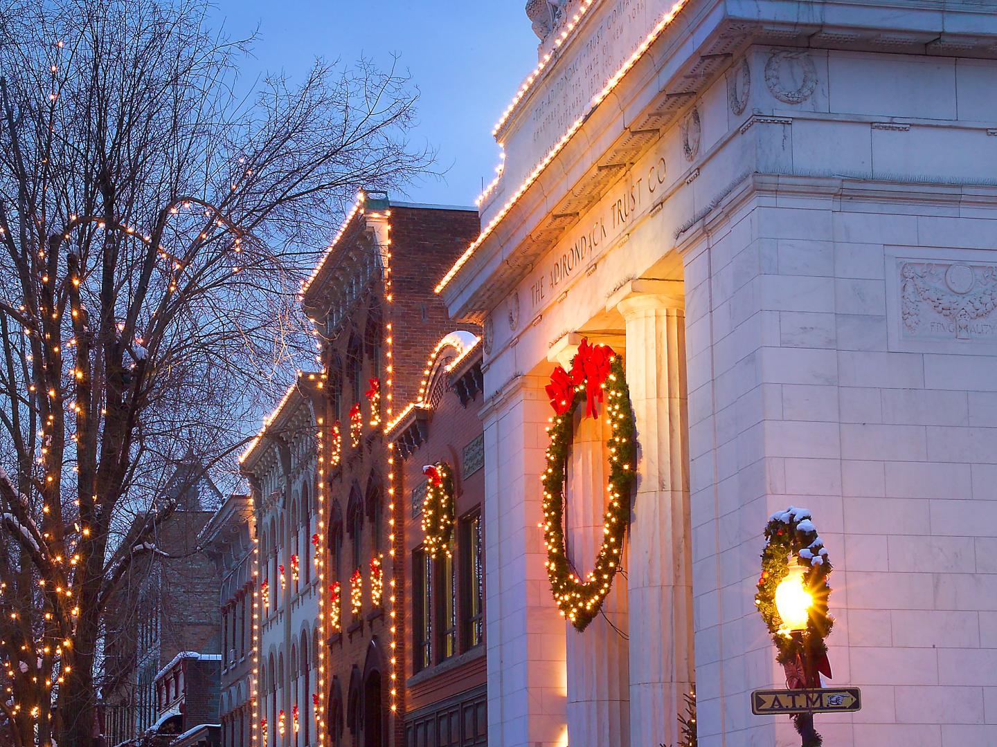 A decorated street during New Year's Fest in Saratoga Springs, New York