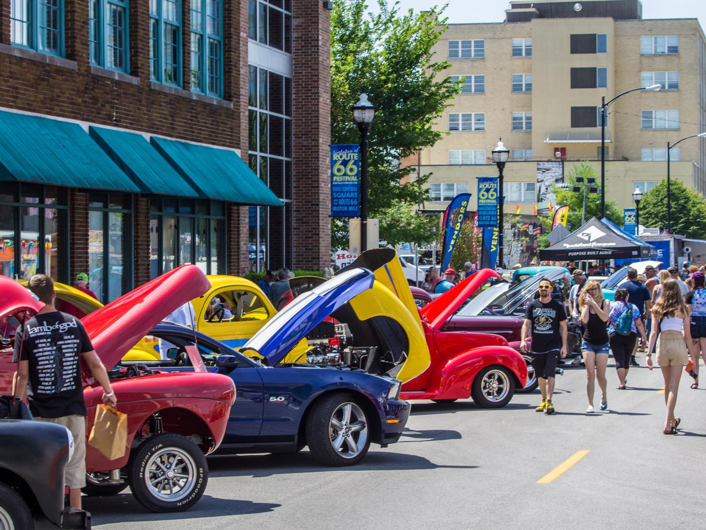 Classic cars line the streets of downtown Springfield, Missouri, during the annual Birthplace of Route 66 Festival