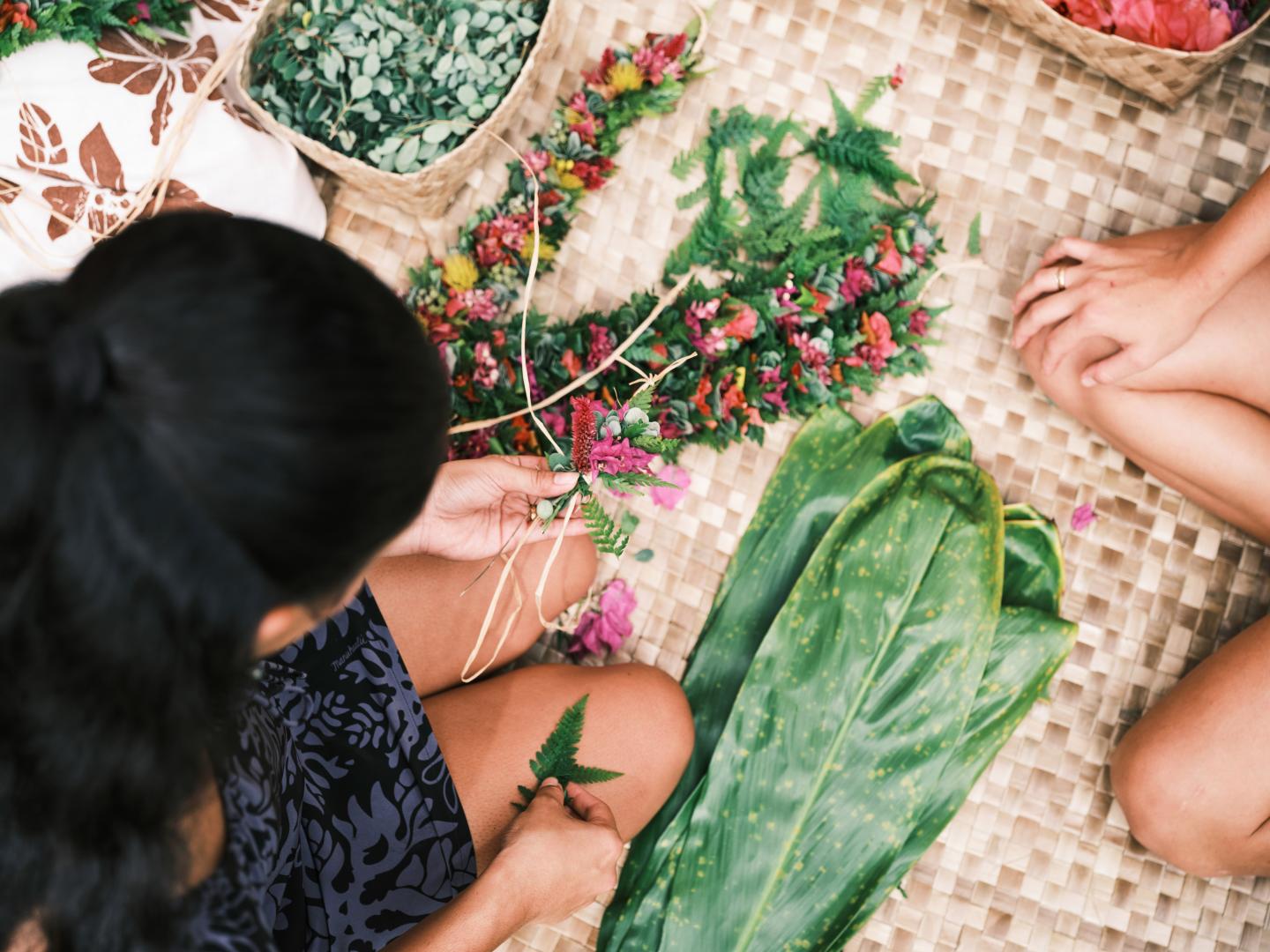 Crafting leis during the annual May Day, Lei Day Celebration in Honolulu, Hawai'i