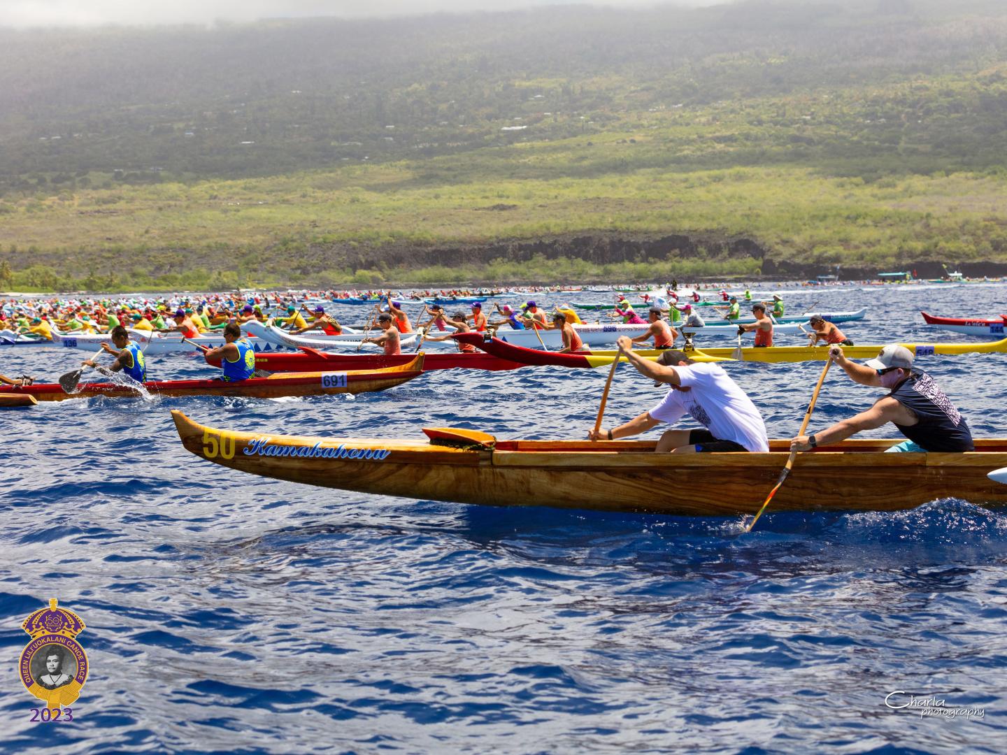 A view of the world’s largest outrigger canoe race underway on the island of Hawai’i