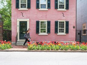 Strolling along a colorful neighborhood street