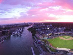 A colorful sunset over the Banner Island Ballpark
