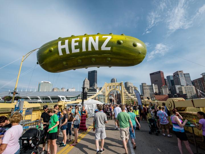 A giant pickle float at Picklesburgh, a celebration of pickled foods in Pittsburgh, Pennsylvania