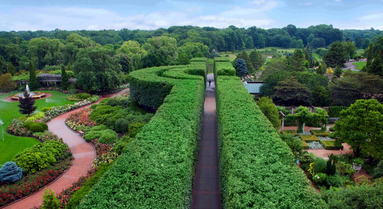 An aerial view of the Chicago Botanic Garden in Glencoe, Illinois