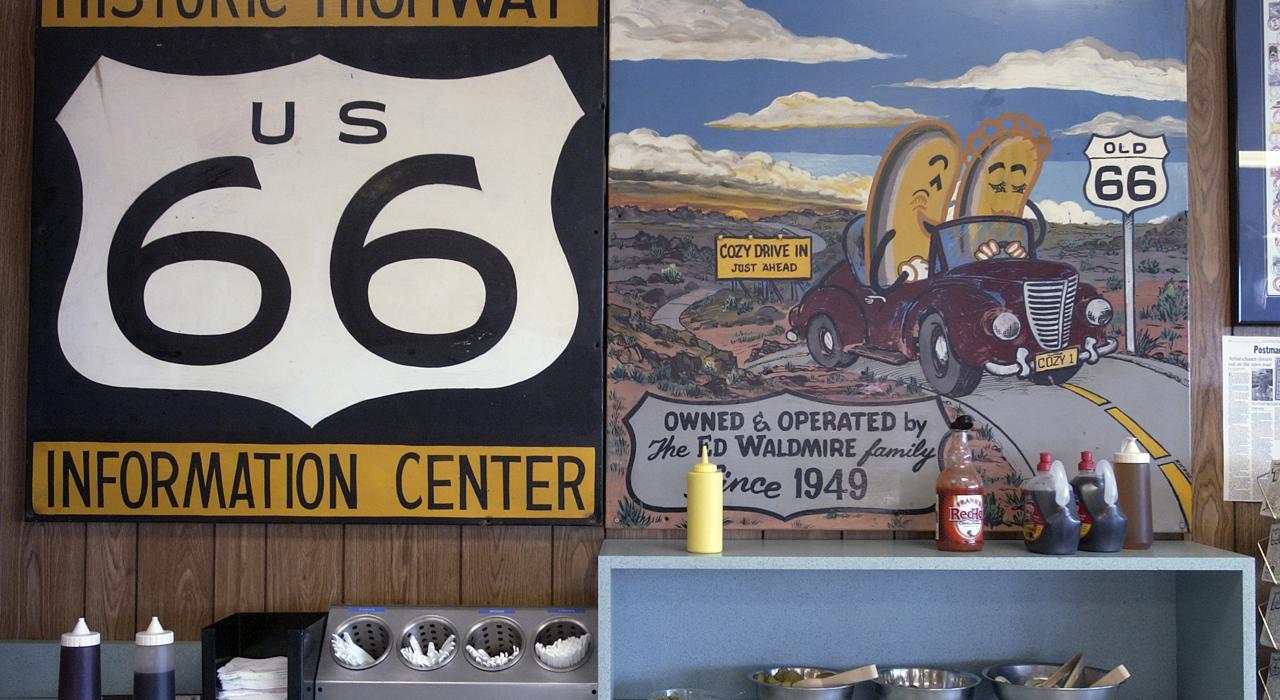 Route 66 memorabilia at Cozy Dog Drive In in Springfield, Illinois