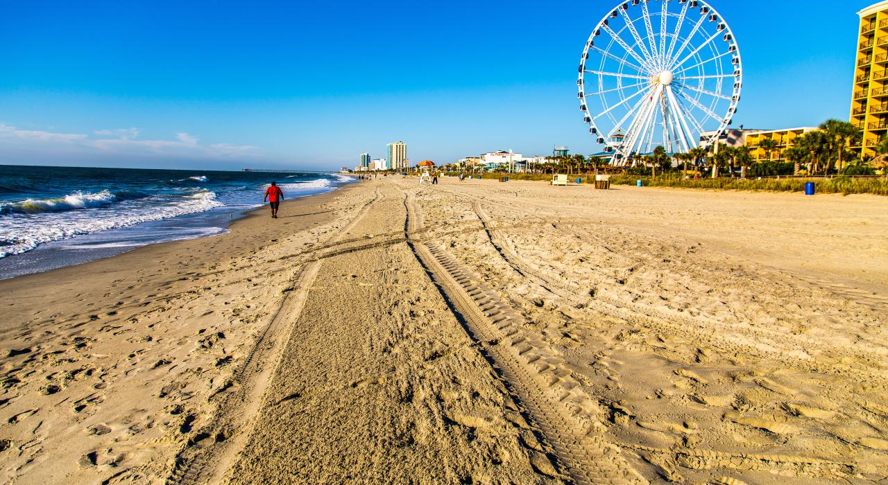 Walking on the sand by the SkyWheel in Myrtle Beach, South Carolina