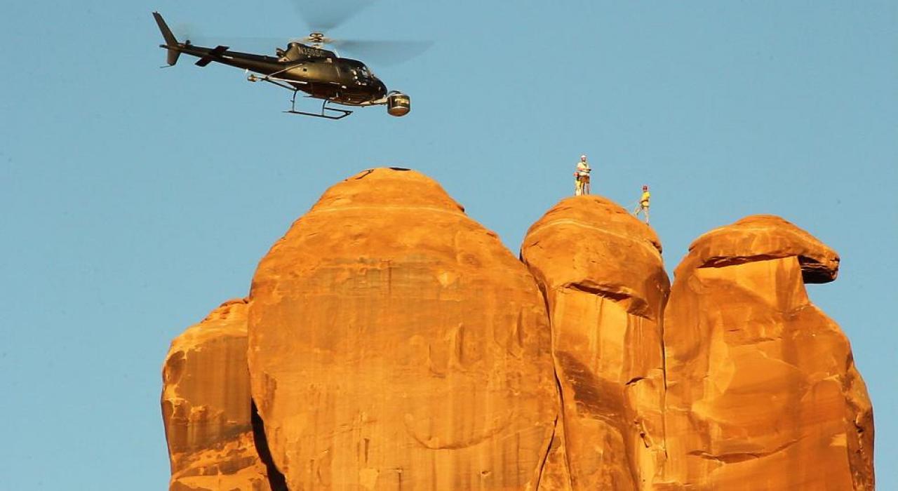 Shooting aerials of climbing the Penguins in Arches National Park, Utah