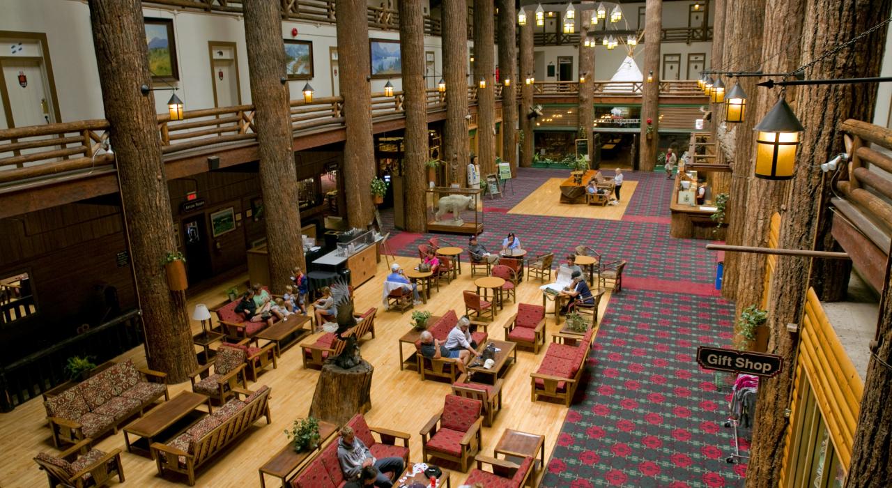 Lobby of historic Glacier Park Lodge in Glacier National Park, Montana