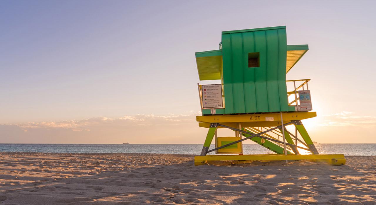 Lifeguard stand at the ready along a stretch of South Beach in Miami Beach