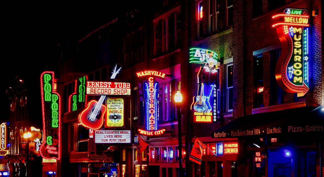 The neon lights of the Historic Broadway District in Nashville, Tennessee