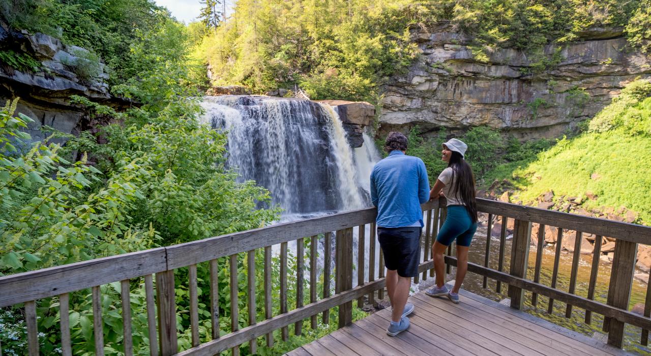 Overlook of namesake water feature at Blackwater Falls State Park in West Virginia 