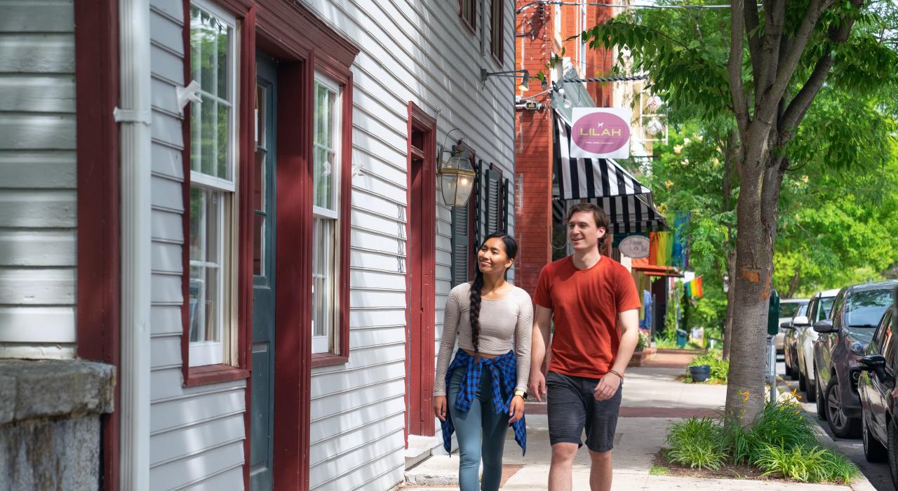Walkers strolling through downtown Shepherdstown, West Virginia